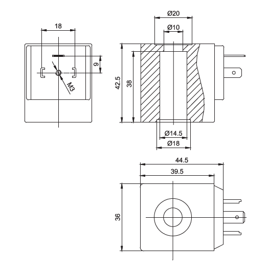 热固性塑封类二位二通PU系列常闭电磁阀线圈结构尺寸图