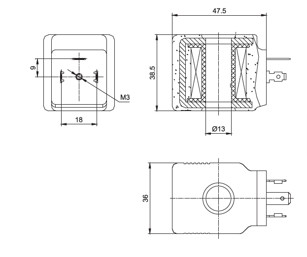 液压类插脚式气动液压系统用电磁线圈结构尺寸图