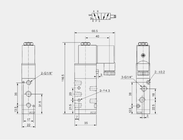 4V200系列二位五通单电控电磁阀结构尺寸图