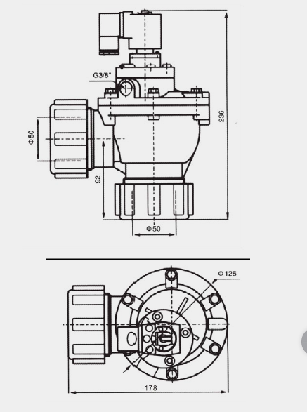 双插管式清洁空气除尘用直角式脉冲电磁阀结构尺寸图