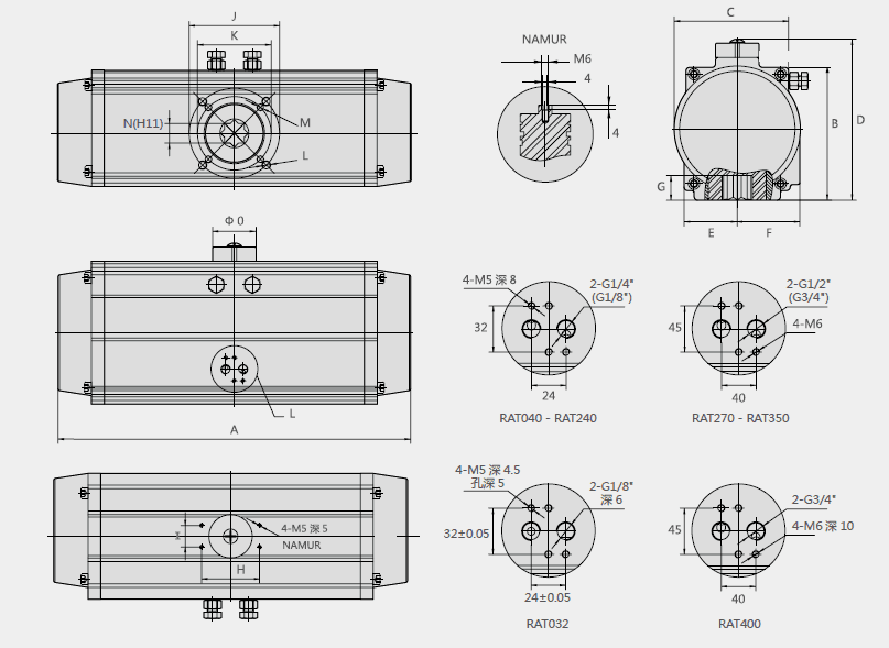 双作用/单作用多规格气动执行器球阀蝶阀配用结构尺寸图