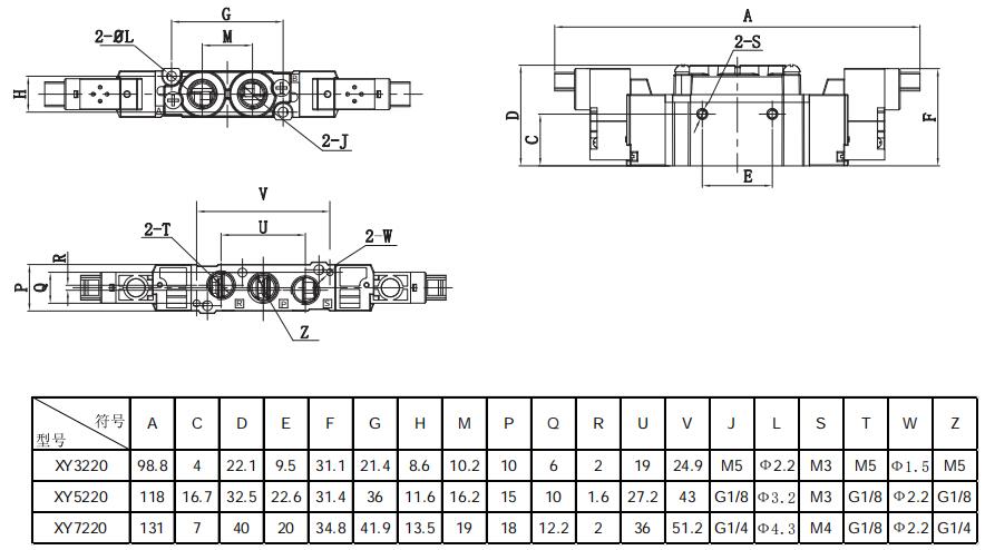 XY5120二位五通低功耗换向阀外形尺寸2